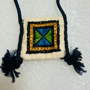Vintage Embroidered Textile Pendant Necklace Boho Folk Art Cord